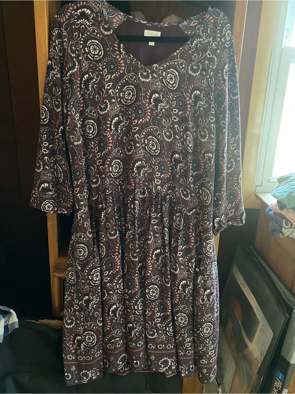 Garnet Hill Plum and Cream Paisley Long-Sleeve Midi Dress
